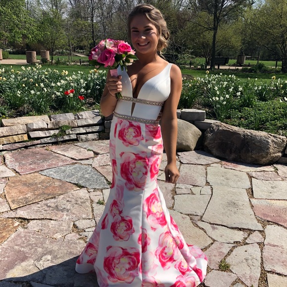 white prom dress with pink flowers